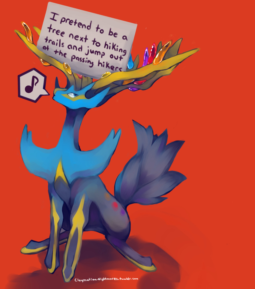 blue_eyes claymation-nightmares commentary creature english_commentary gen_6_pokemon highres horns legendarysoulii musical_note no_humans orange_background pet_shaming pokemon pokemon_(creature) shadow simple_background solo spoken_musical_note watermark web_address xerneas