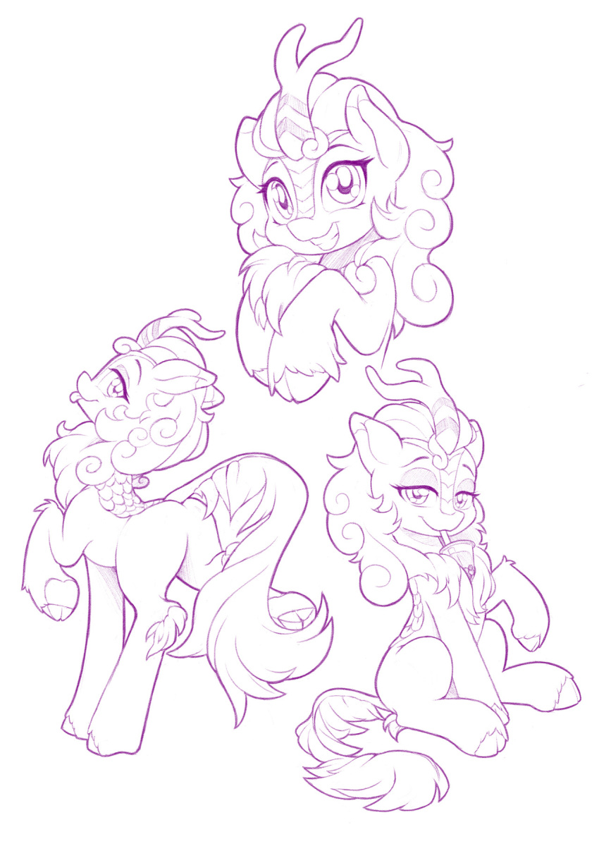 asian_mythology autumn_blaze_(mlp) butt chinese_mythology cloven_hooves cup curled_hair drinking dstears east_asian_mythology feral friendship_is_magic hair hi_res hooves horn kirin line_art my_little_pony mythology pink_theme quadruped sitting sketch straw tongue tongue_out