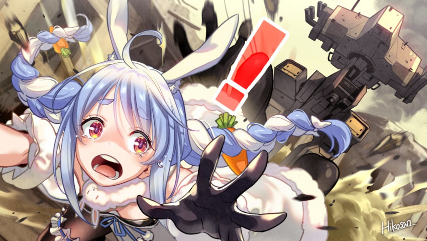 ! 1girl ahoge animal_ear_fluff animal_ears artist_name black_gloves black_leotard braid breasts bunny_ears bunnysuit carrot_hair_ornament cleavage commentary crossover crying crying_with_eyes_open debris dress dust dust_cloud eyebrows_visible_through_hair fleeing food_themed_hair_ornament fur-trimmed_dress fur-trimmed_gloves fur_scarf fur_trim gekko_(mgs) gloves hair_between_eyes hair_ornament hikosan20216917 hololive leotard light_blue_hair long_hair mecha medium_breasts metal_gear_(series) metal_gear_solid_4 motion_blur multicolored_hair off-shoulder_dress off_shoulder open_mouth outstretched_arms pom_pom_(clothes) red_eyes signature smoke solo symbol-shaped_pupils tears teeth thick_eyebrows tongue twin_braids twintails two-tone_hair usada_pekora virtual_youtuber white_dress white_hair