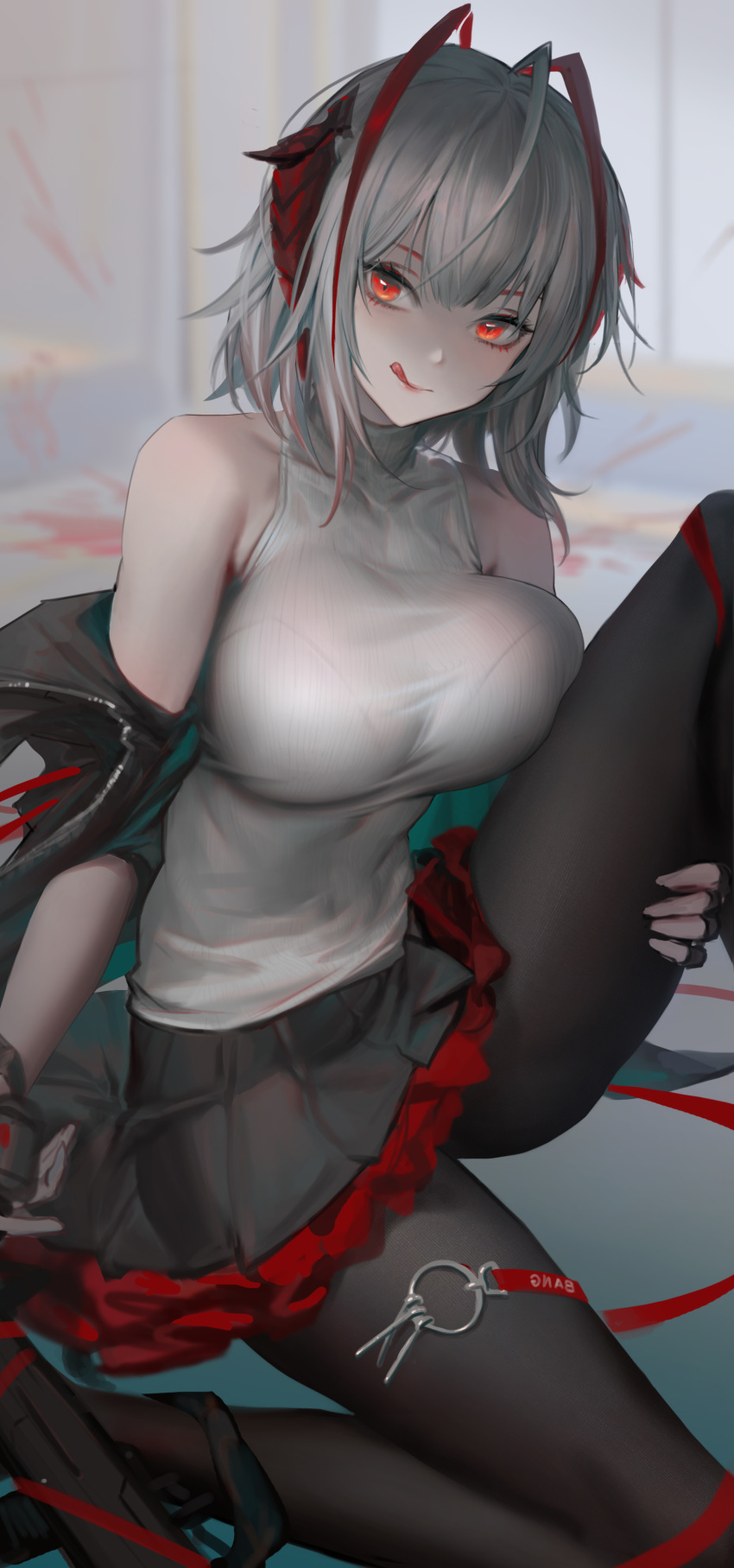 1girl absurdres arknights bare_shoulders black_jacket black_legwear breasts gloves grey_hair gun highres horns huge_breasts jacket jacket_removed looking_at_viewer red_eyes red_hair rifle short_hair skirt tongue tongue_out w_(arknights) weapon youyi_(jiam009)