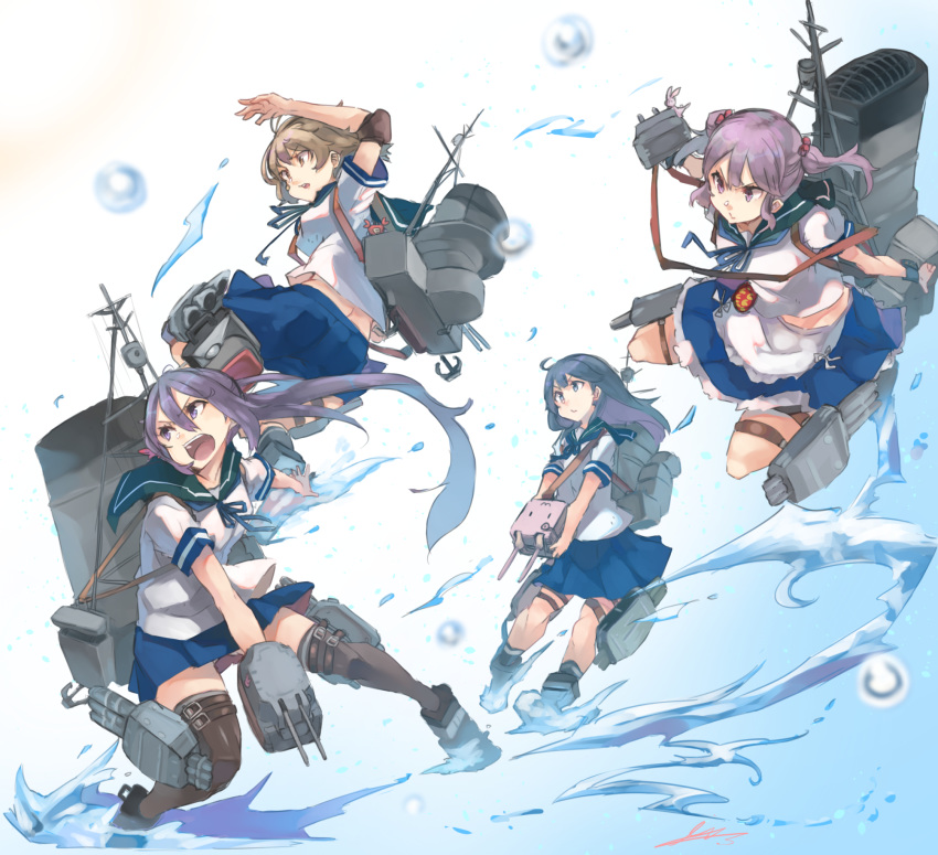 4girls adapted_turret ahoge akebono_(kantai_collection) akicosmossakasa apron badge bandaid bandaid_on_face bell black_hair black_legwear blue_sailor_collar blue_skirt brown_eyes brown_hair cannon crab elbow_pads flower frilled_apron frilled_skirt frills hair_bell hair_bobbles hair_flower hair_ornament highres jingle_bell kantai_collection knee_pads kneehighs long_hair machinery multiple_girls oboro_(kantai_collection) pleated_skirt puffy_short_sleeves puffy_sleeves purple_eyes purple_hair remodel_(kantai_collection) sailor_collar sazanami_(kantai_collection) school_uniform serafuku short_hair short_sleeves side_ponytail skirt smokestack thighhighs torpedo_launcher turret twintails ushio_(kantai_collection) very_long_hair waist_apron white_apron white_legwear wrist_cuffs