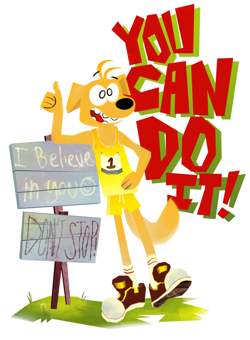 absurd_res anthro biped bird_dog canid canine canis clothed clothing domestic_dog english_text fur gesture golden_retriever grass hi_res hunting_dog male mammal miikesobi motivational_poster retriever sign simple_background smile smiley_face solo sportswear standing text yellow_body yellow_fur yellow_tail