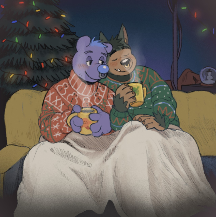 anthro bedding blanket canid canine christmas christmas_tree clothed clothing cup detailed_background digital_media_(artwork) duo glitter_trap_boy hi_res holding_object holidays male mammal piercing sitting smile snow_globe teeth tree ursid