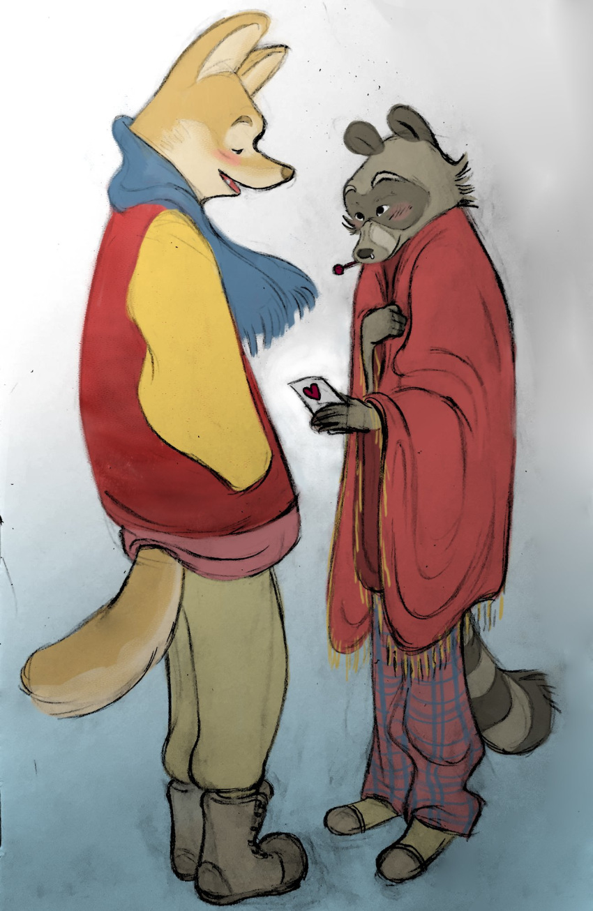 &lt;3 anthro biped blush canid canine canis clothed clothing domestic_dog duo fur hi_res holding_object ill male mammal miikesobi multicolored_body multicolored_fur procyonid raccoon simple_background two_tone_body two_tone_fur two_tone_tail yellow_body yellow_fur yellow_tail