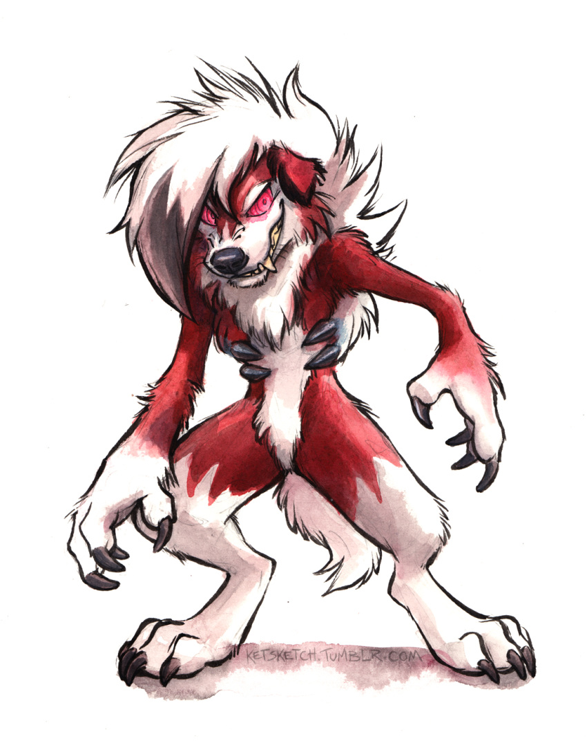ambiguous_gender anthro black_claws black_nose canid canine claws fangs fingers fur glowing glowing_eyes hair hi_res kenket lycanroc mammal midnight_lycanroc nintendo pok&eacute;mon pok&eacute;mon_(species) red_body red_fur red_sclera standing teeth toe_claws tuft video_games were werecanid whiskers white_body white_hair