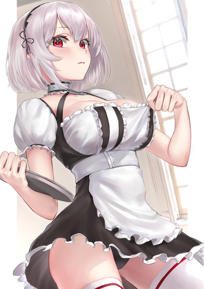 1girl absurdres anchor_choker apron ass_visible_through_thighs azur_lane bangs black_panties blush breasts choker collarbone dress eyebrows_visible_through_hair frills hair_between_eyes highres lace lace-trimmed_hairband lace-trimmed_legwear large_breasts looking_at_viewer looking_down maid_apron maid_dress maid_headdress monegi open_mouth panties puffy_sleeves red_eyes ribbon short_hair short_sleeves silver_hair sirius_(azur_lane) solo thighhighs tray underwear white_frills white_legwear window