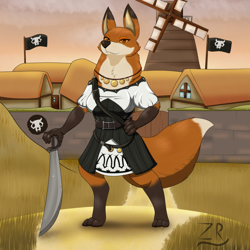 1:1 anthro arm_tuft armello bandit_(disambiguation) belt canid canine cheek_tuft clothing dipstick_tail dress elbow_tufts facial_tuft female flags fox fur furryrex_(artist) hi_res jewelry mammal melee_weapon multicolored_tail neck_tuft necklace orange_body orange_fur scarlet_(armello) settlement solo sword tuft video_games weapon