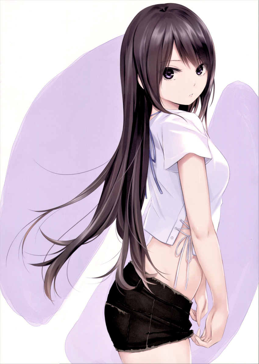 1girl absurdres bangs black_hair black_skirt blue_eyes breasts coffee-kizoku eyebrows_visible_through_hair from_side highres long_hair looking_at_viewer medium_breasts midriff miniskirt original parted_lips scan shiny shiny_hair shiramine_rika short_sleeves simple_background skirt solo