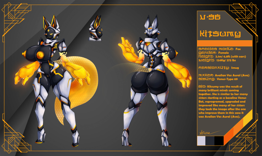 absurd_res android artist-apprentice587 big_breasts big_butt breasts butt canid canine clothing english_text female footwear fox genitals glowing glowing_genitalia glowing_nipples glowing_pussy hi_res high_heels huge_breasts kitsumy_(artist-apprentice587) machine mammal model_sheet nipples pussy robot shoes solo text