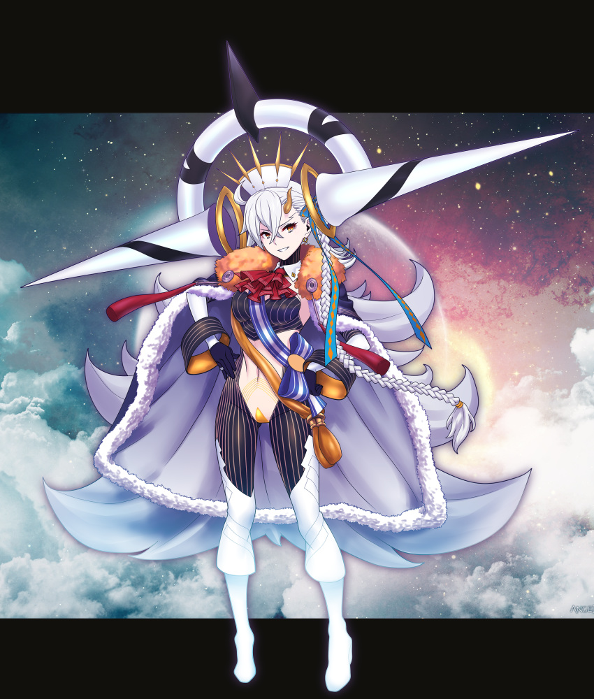 &gt;:) +_+ 1girl braid breasts cape cloak crown date_naoto fate/grand_order fate_(series) floating floating_object full_body fur-trimmed_cloak fur_trim grey_cape highres hood hooded_cape horn long_braid long_hair looking_at_viewer olga_marie_animusphere side_braid smile smirk smug solo spoilers u-olga_marie white_hair yellow_eyes