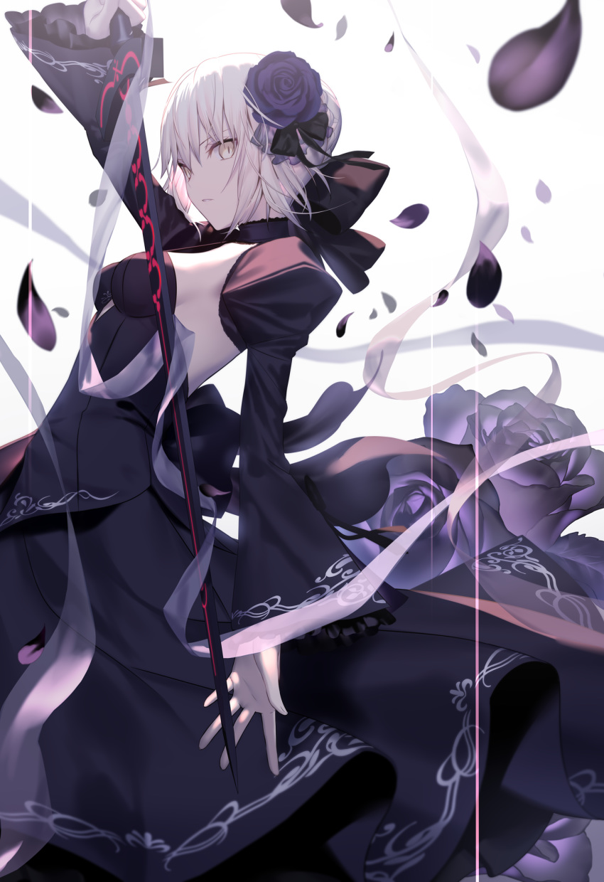 1girl artoria_pendragon_(all) black_dress black_flower black_rose blonde_hair braid breasts dark_excalibur dark_persona dress excalibur fate/grand_order fate/hollow_ataraxia fate/stay_night fate_(series) flower french_braid gothic_lolita hair_ornament highres lolita_fashion long_skirt looking_at_viewer medium_breasts petals rose saber_alter shinooji skirt sword weapon yellow_eyes