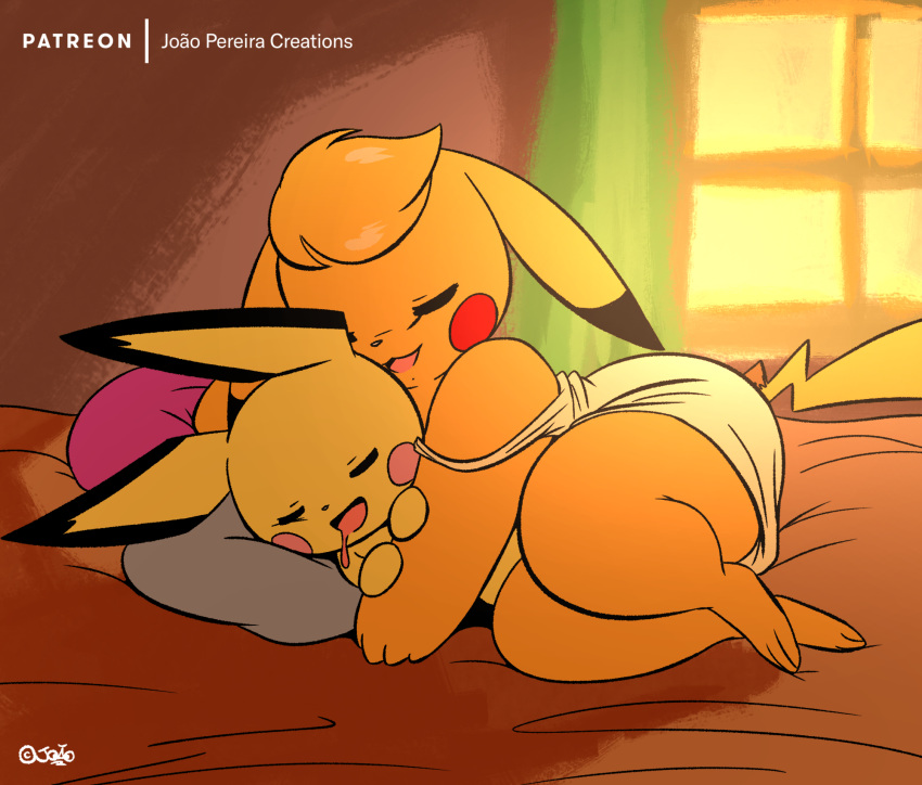 2020 ambiguous_gender anthro baby_pok&eacute;mon bodily_fluids clothed clothing digital_media_(artwork) dipstick_ears drooling duo eyes_closed female hi_res inside joaoppereiraus kanna_(joaoppereiraus) multicolored_ears nintendo pajamas pichu pikachu pillow pok&eacute;mon pok&eacute;mon_(species) saliva signature sleeping thick_thighs video_games window