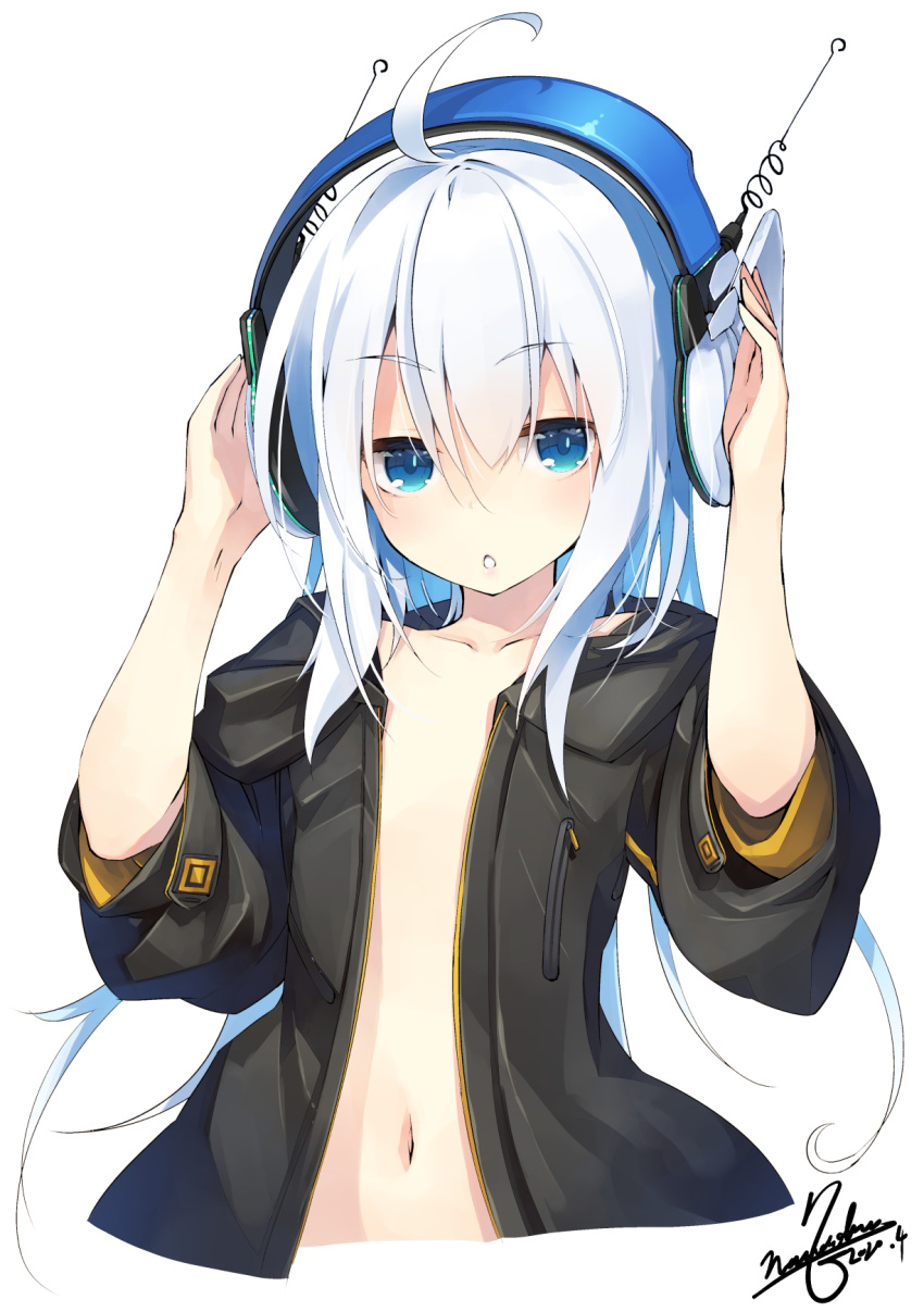 1girl ahoge arms_up bangs black_jacket blue_eyes character_request commentary_request cropped_torso dated eyebrows_visible_through_hair hair_between_eyes headphones highres hood hood_down hooded_jacket jacket long_hair naked_coat nanaroku_(fortress76) open_clothes open_jacket short_sleeves signature simple_background solo upper_body very_long_hair white_background white_hair z/x