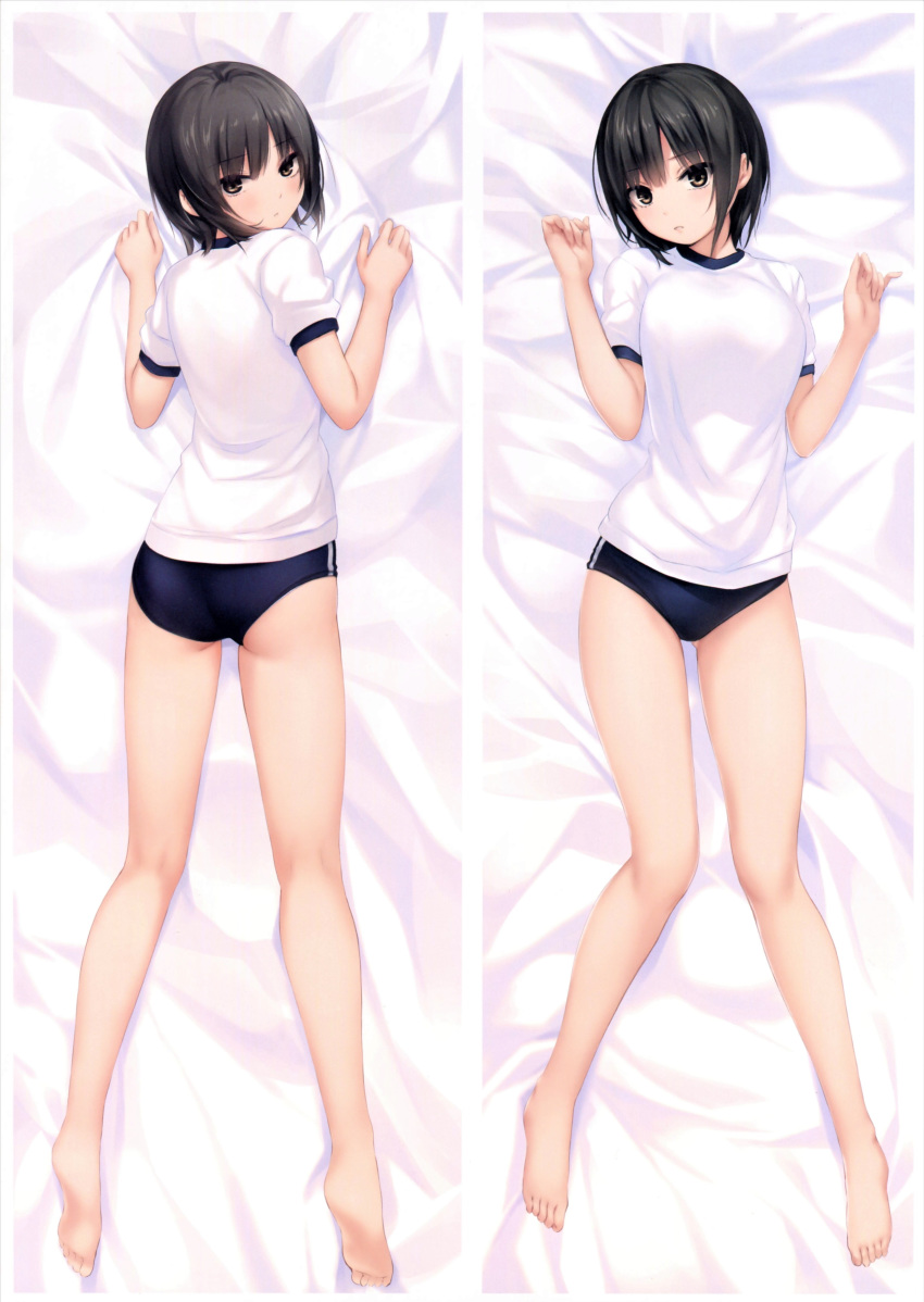 1girl absurdres aoyama_sumika ass bangs bare_legs barefoot bed_sheet black_hair blue_buruma blush breasts brown_eyes buruma closed_mouth coffee-kizoku dakimakura eyebrows_visible_through_hair full_body gym_uniform highres looking_at_viewer looking_back lying medium_breasts multiple_views on_back on_stomach original scan shiny shiny_hair short_hair short_sleeves simple_background thighs toes