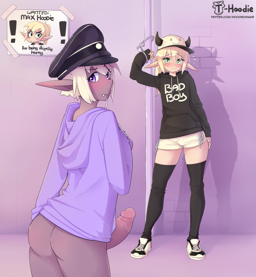 ! &gt;:3 blonde_hair blush bottomless bottomwear bound clothed clothing dark_elf dee_(hoodie) duo elf english_text footwear genitals green_eyes gynomorph hair handcuffed handcuffs hat headgear headwear hi_res hoodie hoodie_(artist) hotpants humanoid intersex intersex/male legwear looking_at_viewer looking_back male max_(hoodie) not_furry object_in_mouth penis police_hat ponytail purple_eyes shackles shoes short_hair shorts sign signature smile standing text text_on_clothing text_on_shirt thigh_highs topwear url