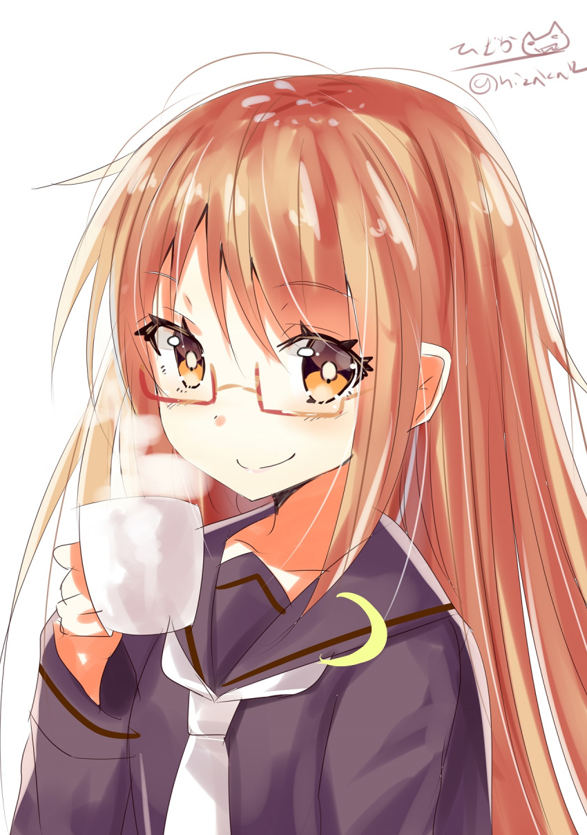 1girl black_serafuku black_shirt blush brown_eyes brown_hair crescent crescent_moon_pin cup eyebrows_visible_through_hair glasses hair_between_eyes hair_ornament highres hizaka kantai_collection long_hair long_sleeves looking_at_viewer mochizuki_(kantai_collection) necktie red-framed_eyewear school_uniform semi-rimless_eyewear serafuku shirt simple_background smile solo steam twitter_username white_background white_neckwear