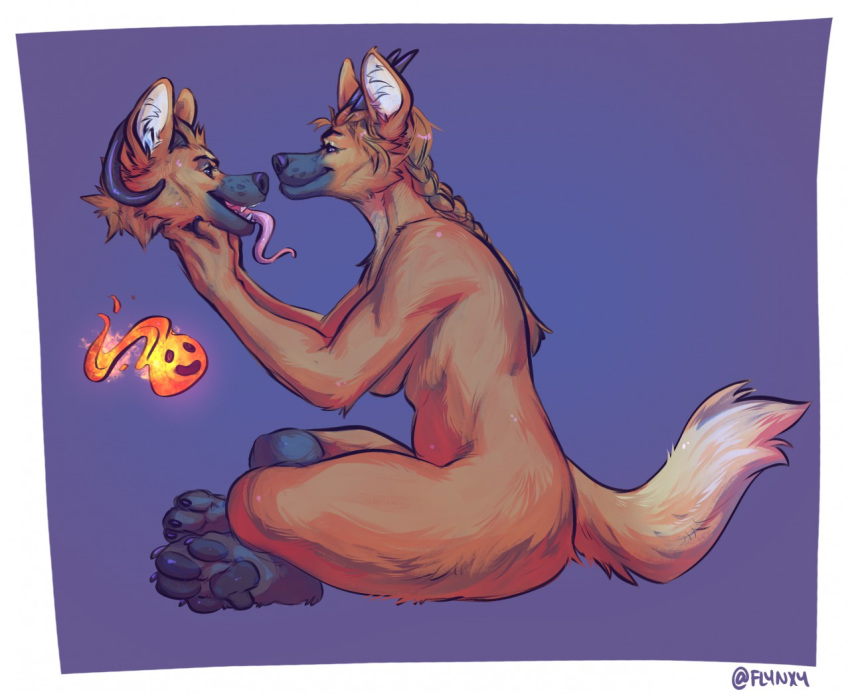 ambiguous_gender anthro breasts claws digital_media_(artwork) disembodied_head duo female fire flynx-flink fur hair horn nude open_mouth pawpads paws simple_background sitting smile teeth tongue tongue_out