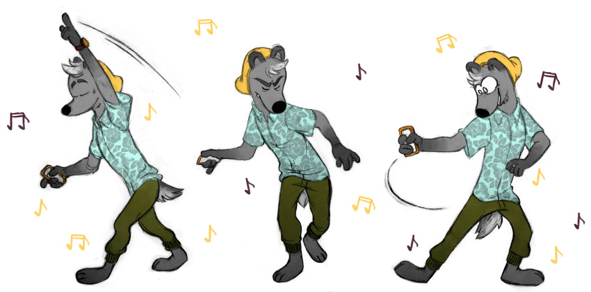 absurd_res anthro badger biped clothed clothing dancing eyes_closed fur grey_body grey_fur grey_tail hi_res male mammal miikesobi motion_lines multicolored_body multicolored_fur mustelid musteline notes solo two_tone_body two_tone_fur two_tone_tail