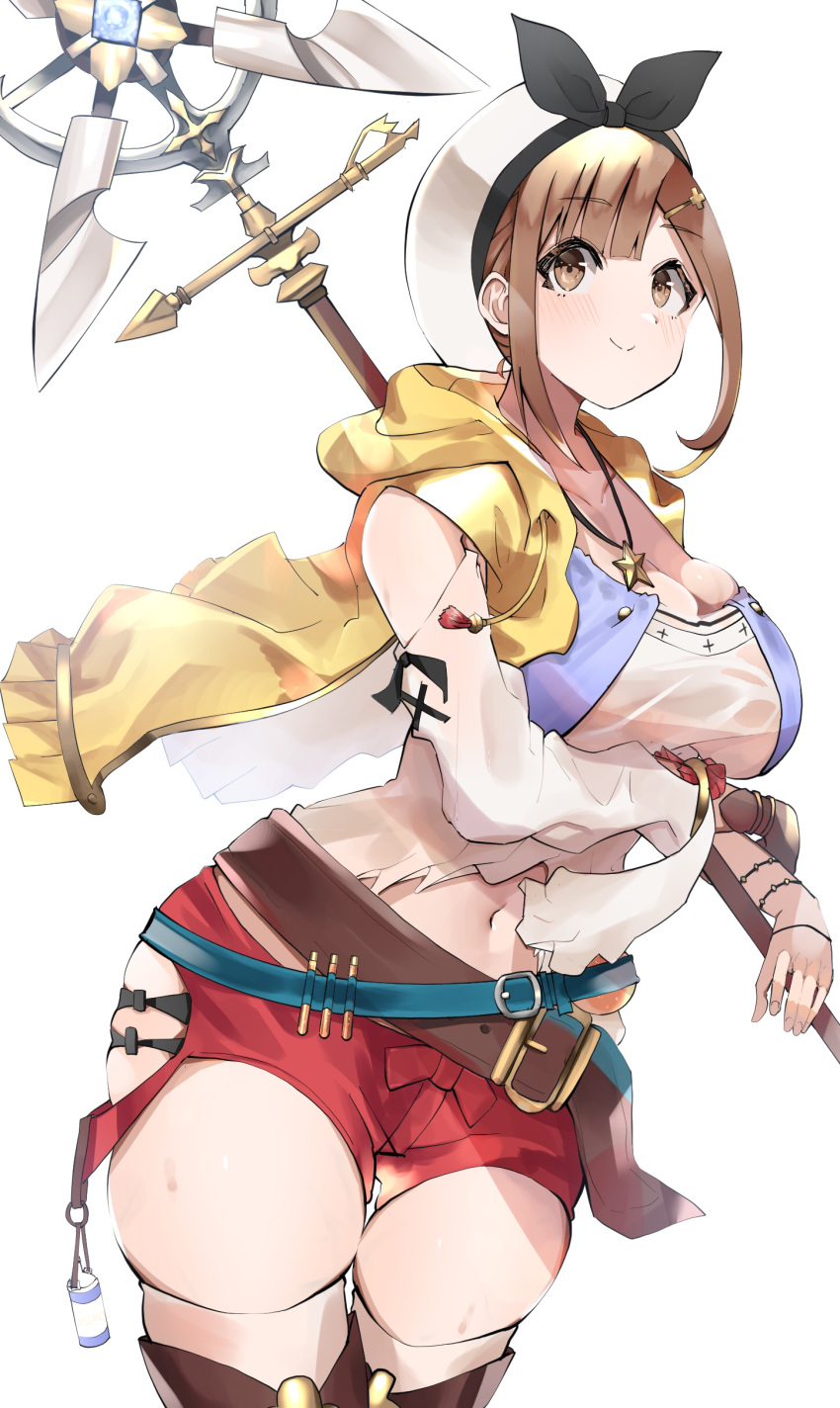 1girl absurdres atelier_(series) atelier_ryza bare_shoulders belt black_ribbon boots breasts brown_belt brown_eyes brown_gloves brown_hair cleavage closed_mouth ekaki_no_mime gloves highres holding holding_staff hooded_vest jacket jewelry large_breasts leather leather_belt leather_gloves navel necklace red_shorts reisalin_stout ribbon round-bottom_flask short_hair short_shorts shorts sidelocks single_glove sleeveless sleeveless_jacket smile staff star star_necklace thighhighs thighs toeless_boots white_headwear yellow_jacket