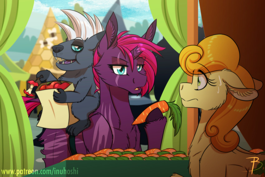 2020 apple blue_eyes bodily_fluids carrot carrot_top_(mlp) equid equine eulipotyphlan eye_scar food friendship_is_magic fruit green_eyes grubber_(mlp) hair hedgehog hi_res horn horse inuhoshi-to-darkpen mammal my_little_pony my_little_pony:_the_movie_(2017) orange_hair plant pony scar sweat tempest_shadow_(mlp) text unicorn url vegetable