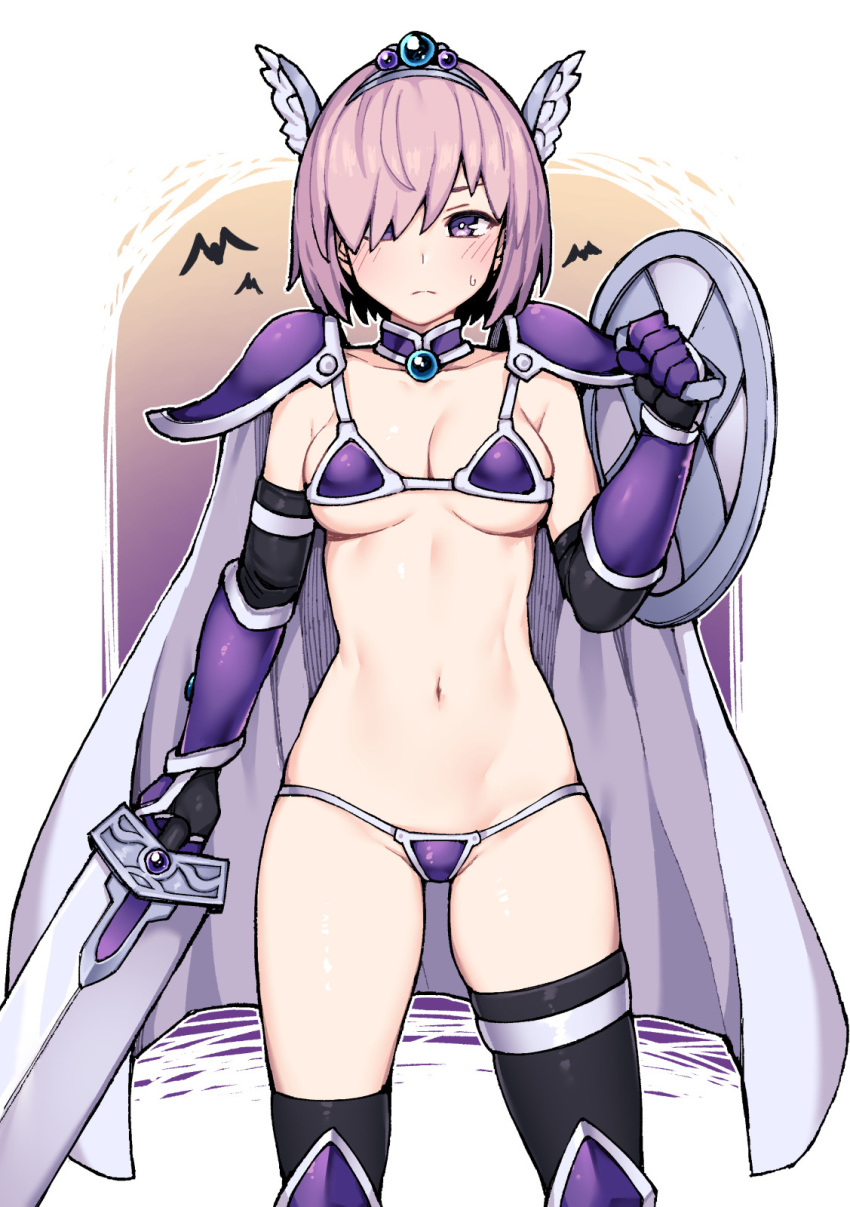 1girl armor bangs bat bikini bikini_armor black_gloves black_legwear blush breasts collarbone commentary_request cosplay elizabeth_bathory_(brave)_(fate) elizabeth_bathory_(brave)_(fate)_(cosplay) elizabeth_bathory_(fate)_(all) fate/grand_order fate_(series) frown gauntlets gloves hair_ornament hair_over_one_eye head_wings highres holding holding_shield holding_sword holding_weapon jp06 looking_at_viewer mash_kyrielight medium_breasts micro_bikini navel purple_eyes shield short_hair shoulder_armor solo swimsuit sword thighhighs weapon