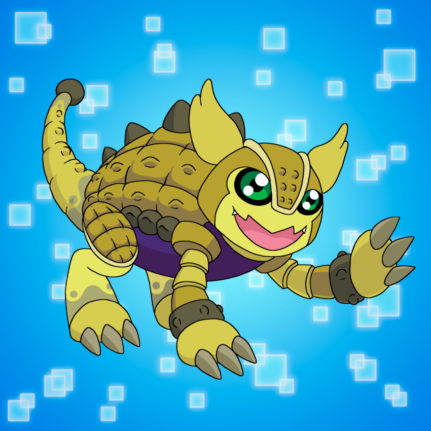 1:1 ankylomon armadillomon black_sclera charlesdoodles claws digimon digimon_(species) evolution evolution_(transformation) fangs feral green_eyes hi_res open_mouth shell solo spikes transformation yellow_body