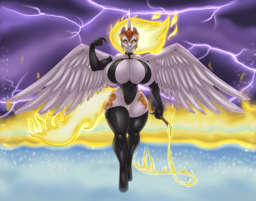 absurd_res amber_eyes anthro anthrofied armor armwear beckoning big_breasts blues64 breasts cleavage clothed clothing collar cutie_mark daybreaker_(mlp) domination dominatrix edit elbow_gloves equid eyeshadow fangs female female_domination fire flaming_hair friendship_is_magic gesture gloves handwear headgear helmet hi_res horn huge_breasts latex_gloves latex_socks latex_stockings legwear looking_at_viewer makeup mammal mr.pink my_little_pony orange_eyeshadow orange_sclera pseudo_hair rubber slit_pupils smile socks solo stockings thigh_gap thin_waist whip wide_hips winged_unicorn wings