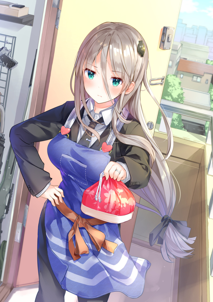 1girl apron aqua_eyes black_neckwear black_pants black_ribbon blue_apron blush breasts closed_mouth collared_shirt commentary_request day formal gun hair_between_eyes hair_ornament hair_ribbon hand_on_hip handgun heart highres holding jewelry knife long_hair long_sleeves low-tied_long_hair medium_breasts necktie obentou open_door orange_ribbon original outdoors pants pistol ribbon ring shirt silver_hair solo suit takasaka_donten town umbrella very_long_hair wavy_mouth weapon wedding_band wing_collar