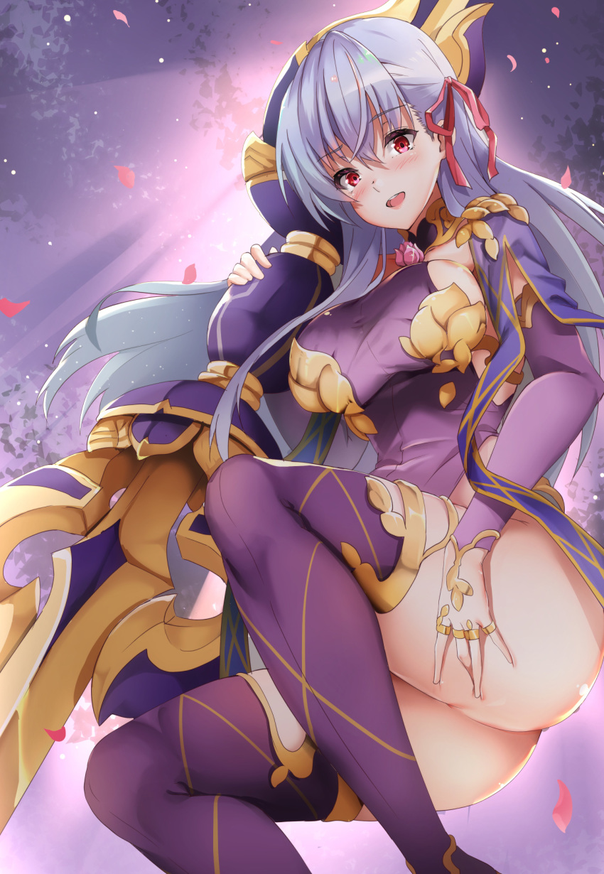 1girl armlet armor ass backlighting bangs bikini_armor blush bracelet breasts collar detached_sleeves dress earrings fate/grand_order fate_(series) floral_print hair_ribbon highres jewelry kama_(fate/grand_order) large_breasts long_hair looking_at_viewer metal_collar open_mouth pelvic_curtain petals purple_dress purple_legwear purple_sleeves red_eyes revision ribbon ring sezoku sideboob silver_hair smile solo thighhighs thighlet thighs vajra_(object)