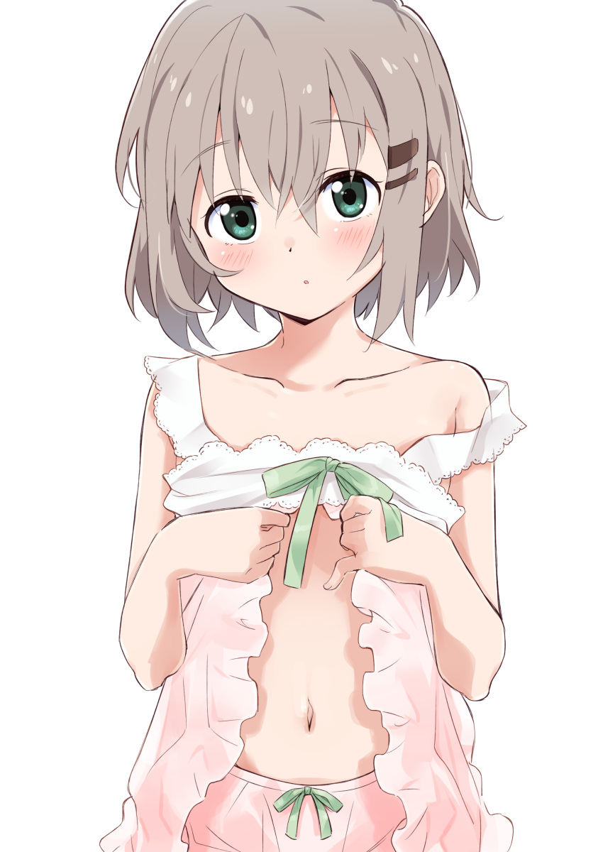 1girl :o absurdres bangs bloomers bow collarbone commentary_request eyebrows_visible_through_hair green_eyes hair_ornament hairclip highres light_brown_hair looking_at_viewer mousou_(mousou_temporary) navel nightgown shirt_lift short_hair simple_background sleepwear standing underwear white_background white_bloomers yama_no_susume yukimura_aoi