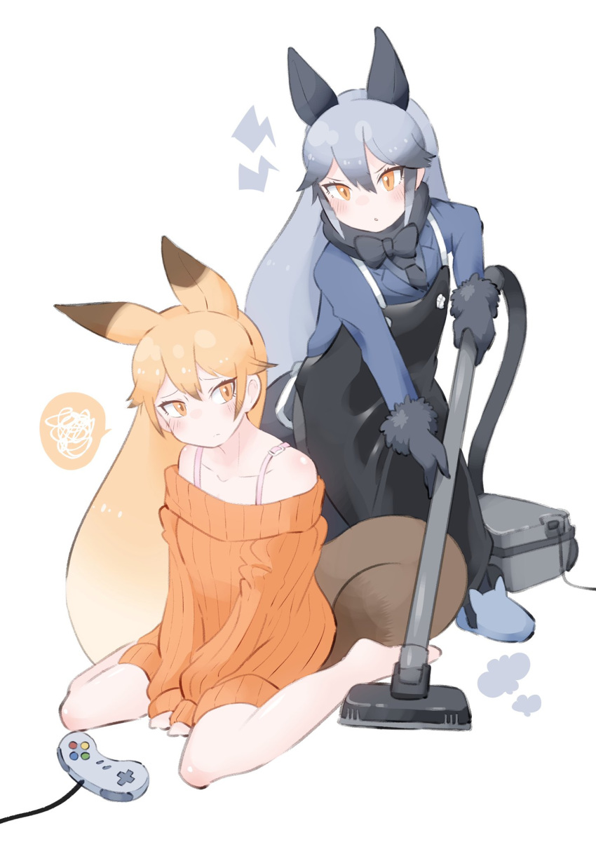 2girls adapted_costume animal_ears apron bare_legs bare_shoulders barefoot black_apron black_neckwear blue_jacket blush bow bowtie commentary_request controller dress extra_ears eyebrows_visible_through_hair ezo_red_fox_(kemono_friends) fox_ears fox_girl fox_tail fur_trim game_controller gloves grey_hair highres jacket kemono_friends long_hair long_sleeves multiple_girls orange_eyes orange_hair orange_sweater parsley_(simonov1941) sidelocks silver_fox_(kemono_friends) silver_hair slippers sweater sweater_dress tail vacuum_cleaner