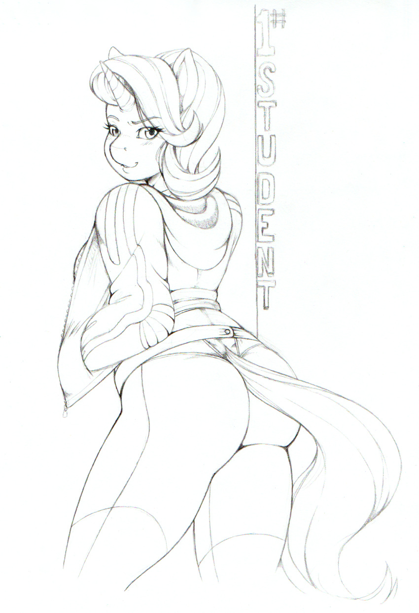 2020 anthro anthrofied butt clothing equid female friendship_is_magic hi_res hoodie horn longinius looking_at_viewer looking_back mammal monochrome my_little_pony sketch solo starlight_glimmer_(mlp) topwear unicorn yoga_pants