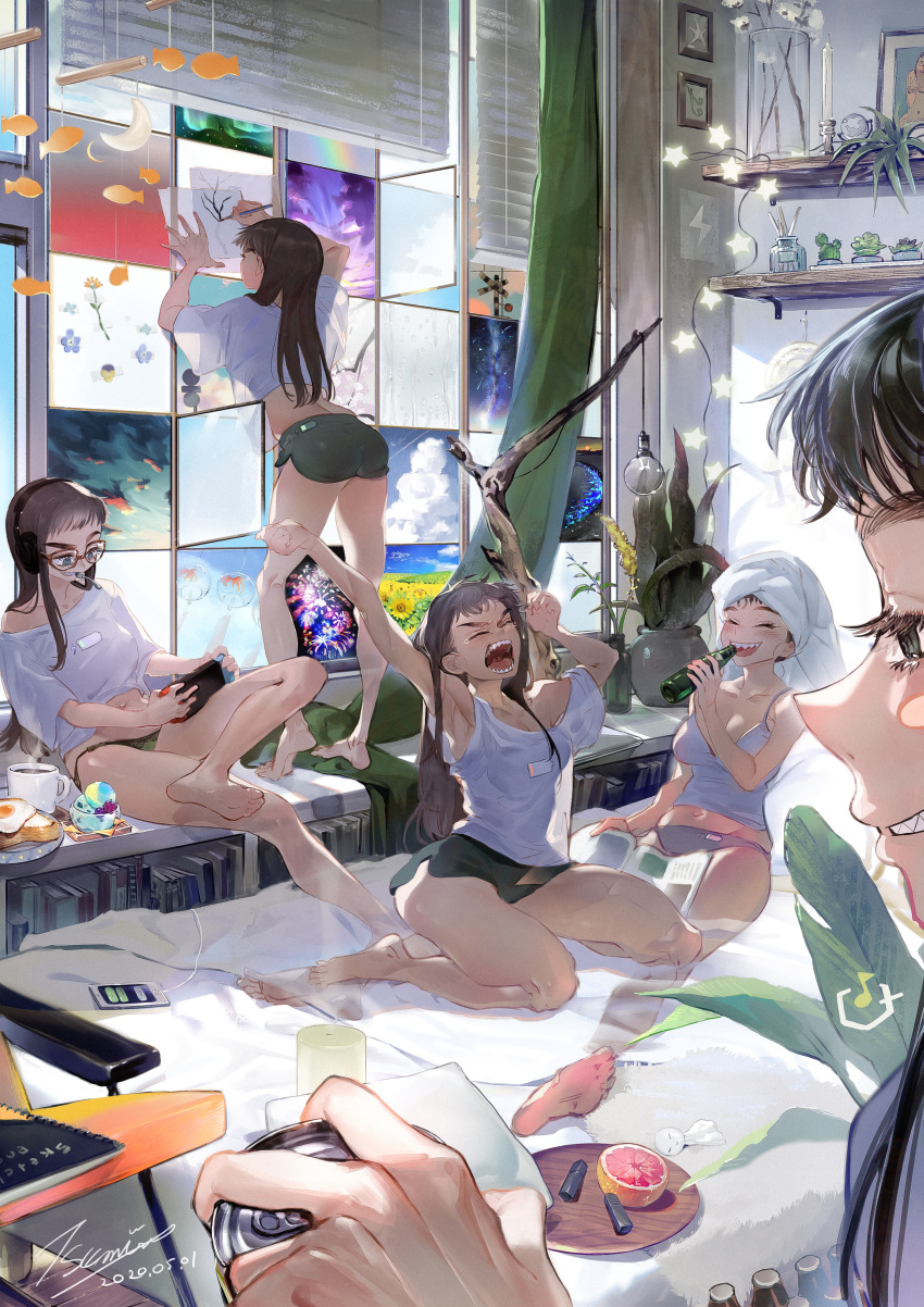 5girls :d absurdres ass back barefoot black_hair blinds blue_eyes blush book bookshelf bottle breasts cactus candle candlestand cellphone cleavage commentary_request cup curtains egg flower food glasses grapefruit green_eyes green_panties grey_panties grin highres long_hair mug multiple_girls nanase_miri navel nintendo_switch open_mouth original panties phone plant potted_plant sitting smartphone smile steam tank_top tears toast towel towel_on_head underwear wariza yawning