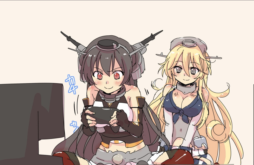 2girls black_gloves black_hair blonde_hair breasts cleavage commentary_request controller elbow_gloves fingerless_gloves front-tie_top game_controller gloves grey_eyes headgear indian_style iowa_(kantai_collection) kantai_collection large_breasts long_hair malino_(dream_maker) multiple_girls nagato_(kantai_collection) playing_games red_eyes red_neckwear simple_background sitting sleeveless striped striped_legwear television thighhighs vertical-striped_legwear vertical_stripes white_background