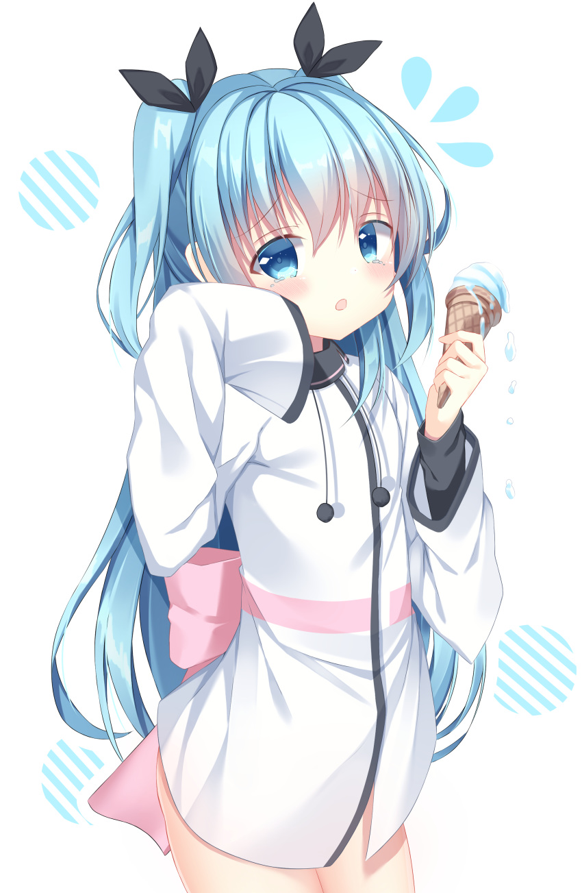 1girl :o absurdres black_ribbon blue_eyes blue_hair blush bow commentary_request diagonal_stripes dress flying_sweatdrops food hair_ribbon hand_up highres holding holding_food ice_cream ice_cream_cone long_hair long_sleeves looking_at_viewer noel_(sora_no_method) parted_lips pink_bow pizzzica pom_pom_(clothes) ribbon sleeves_past_fingers sleeves_past_wrists solo sora_no_method standing striped tears two_side_up very_long_hair white_background white_dress
