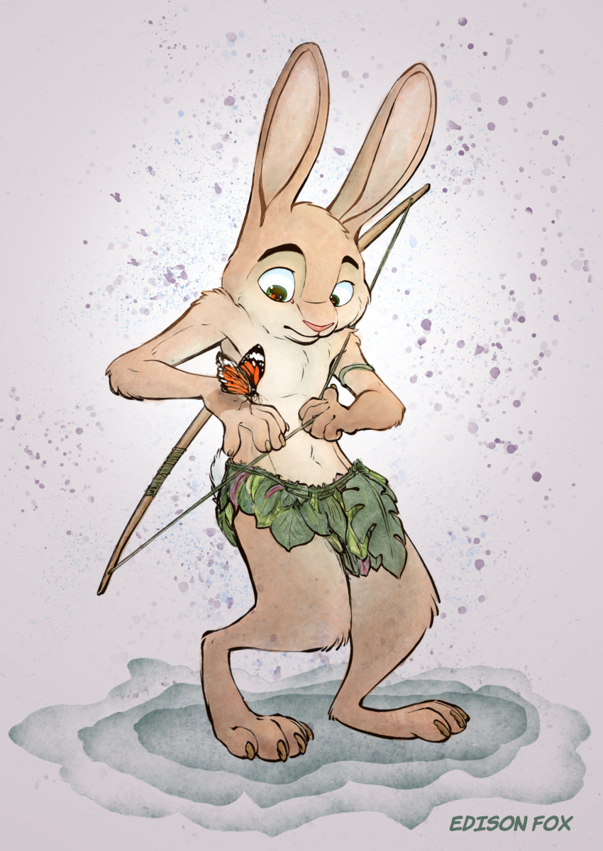 2020 absurd_res anthro arthropod barefoot bow_(weapon) butterfly clothed clothing disney duo edisonfox fan_character fur hi_res insect lagomorph lepidopteran leporid male mammal rabbit ranged_weapon scuppie_(edisonfox) skimpy standing tan_body tan_fur topless weapon zootopia