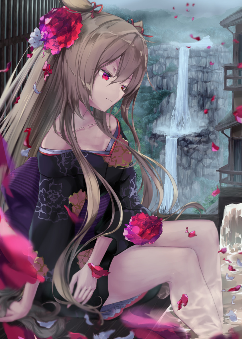1girl black_kimono blue_flower blush breasts brown_hair floral_print flower hair_flower hair_ornament hair_ribbon highres japanese_clothes kantai_collection kimono lajhen2651 long_hair long_sleeves murasame_(kantai_collection) petals red_eyes red_flower red_ribbon red_rose ribbon rose sitting solo stream twintails water waterfall wide_sleeves