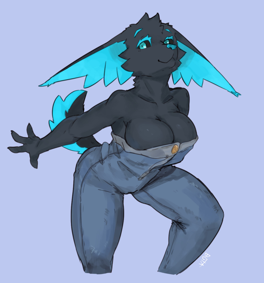 2020 4_fingers anthro black_body black_ears black_fur black_sclera black_tail blue_body blue_fur blue_tail breasts buta99 canid canine clothed clothing collarbone denim denim_clothing female fingers fur hi_res looking_at_viewer mammal signature simple_background solo