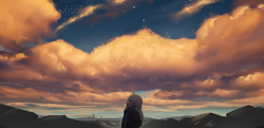 1girl blue_scarf brown_coat closed_mouth cloud cloudy_sky coat expressionless eyebrows_visible_through_hair from_side highres long_hair looking_away monosenbei original outdoors scarf scenery sky solo sunset white_hair