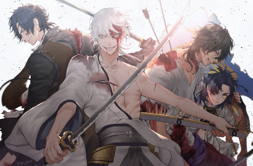 4boys absurdres arm_tattoo arrow arrow_in_body black_gloves black_hair blazer blood blood_on_face bloody_clothes blue_hair braid brown_hair dark_skin dark_skinned_male feathers gloves grin hair_feathers highres injury jacket japanese_clothes katana male_focus multiple_boys off_shoulder ookurikara sheath shirt shokudaikiri_mitsutada smile sword taikogane_sadamune tattoo torn_clothes torn_shirt touken_ranbu tsurumaru_kuninaga uneven_eyes weapon white_hair yashino yellow_eyes