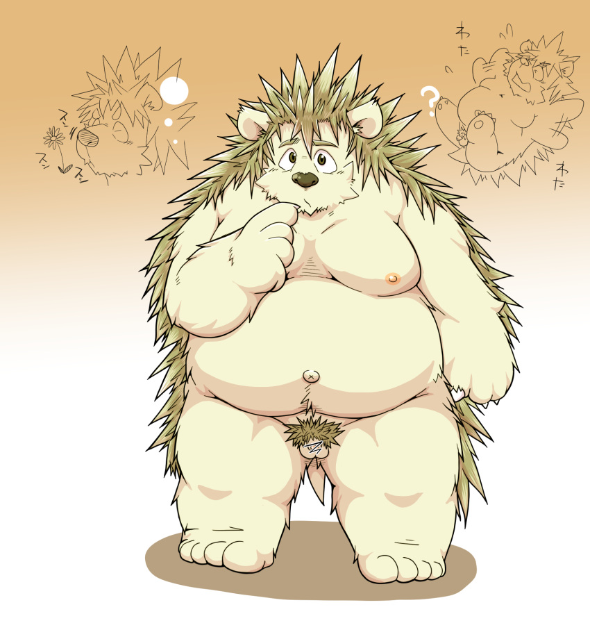 2015 anthro balls belly eulipotyphlan genitals hedgehog hi_res humanoid_hands japanese_text kemono male mammal moobs navel nipples overweight overweight_male penis simple_background small_penis solo suishou0602 text