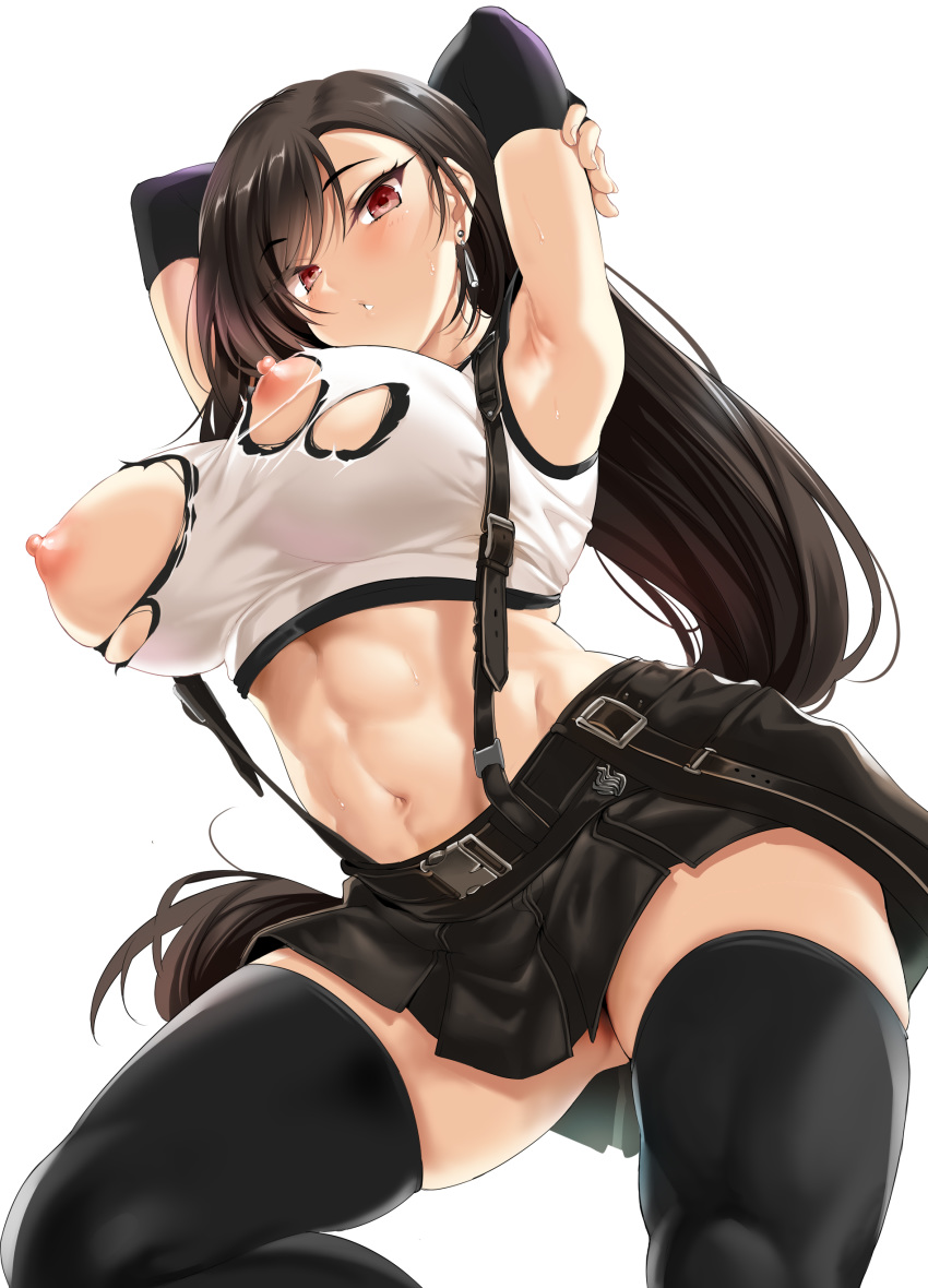 1girl abs absurdres armpits arms_behind_head arms_up bangs bare_shoulders belt black_gloves black_hair black_legwear black_skirt blush breasts earrings elbow_gloves fantia_reward final_fantasy final_fantasy_vii final_fantasy_vii_remake fingerless_gloves gloves highres jewelry kure_masahiro large_breasts long_hair looking_at_viewer low-tied_long_hair navel nipples paid_reward parted_lips red_eyes shirt simple_background skirt solo suspender_skirt suspenders swept_bangs tank_top taut_clothes taut_shirt thighhighs thighs tifa_lockhart torn_clothes torn_shirt white_background white_tank_top