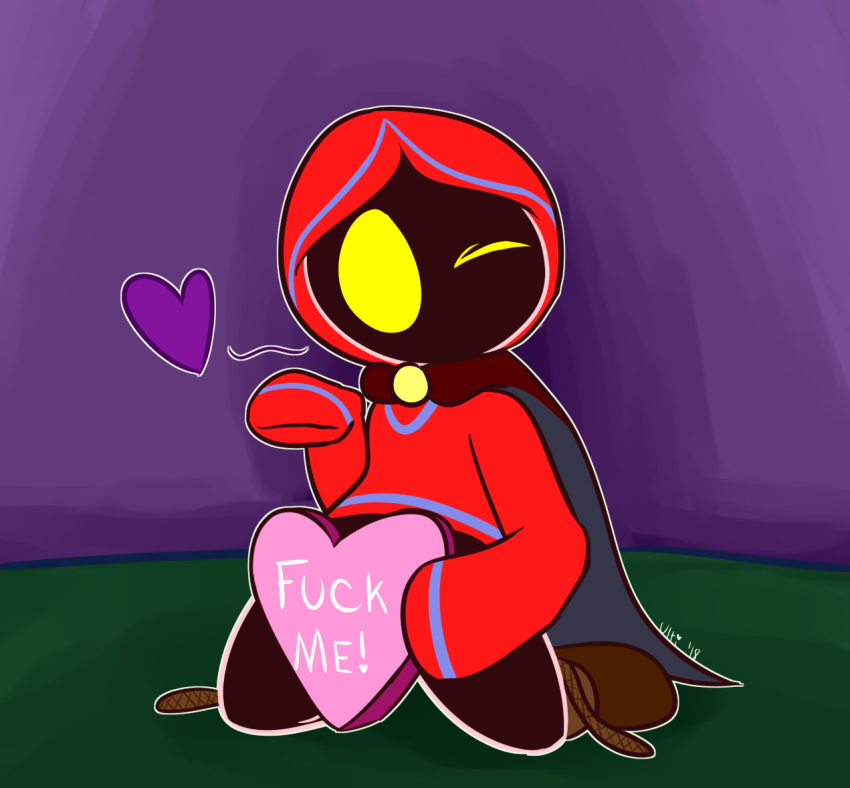 &lt;3 2018 clothed clothing convenient_censorship english_text footwear holidays hood humanoid kneeling leo_the_magician long_sleeves magic_user male not_furry on_ground one_eye_closed profanity red_clothing robe simple_background solo spread_legs spreading text ultilix unknown_species valentine's_day wink yellow_eyes