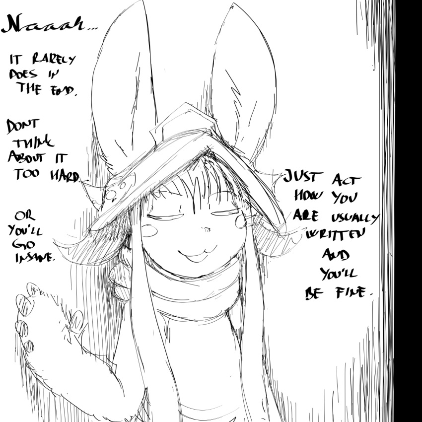 1:1 anthro comic english_text female hi_res hladilnik lagomorph leporid made_in_abyss mammal monochrome nanachi narehate rabbit solo text
