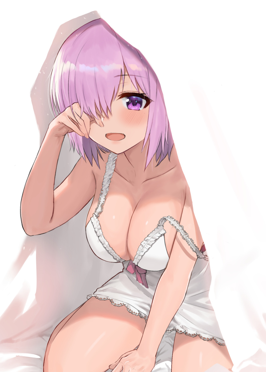 1girl bangs blush breasts cleavage collarbone eyebrows_visible_through_hair fate/grand_order fate_(series) hair_over_one_eye hand_up highres jjeono large_breasts lavender_hair looking_at_viewer mash_kyrielight nightgown open_mouth purple_eyes short_hair sitting smile solo strap_slip thighs