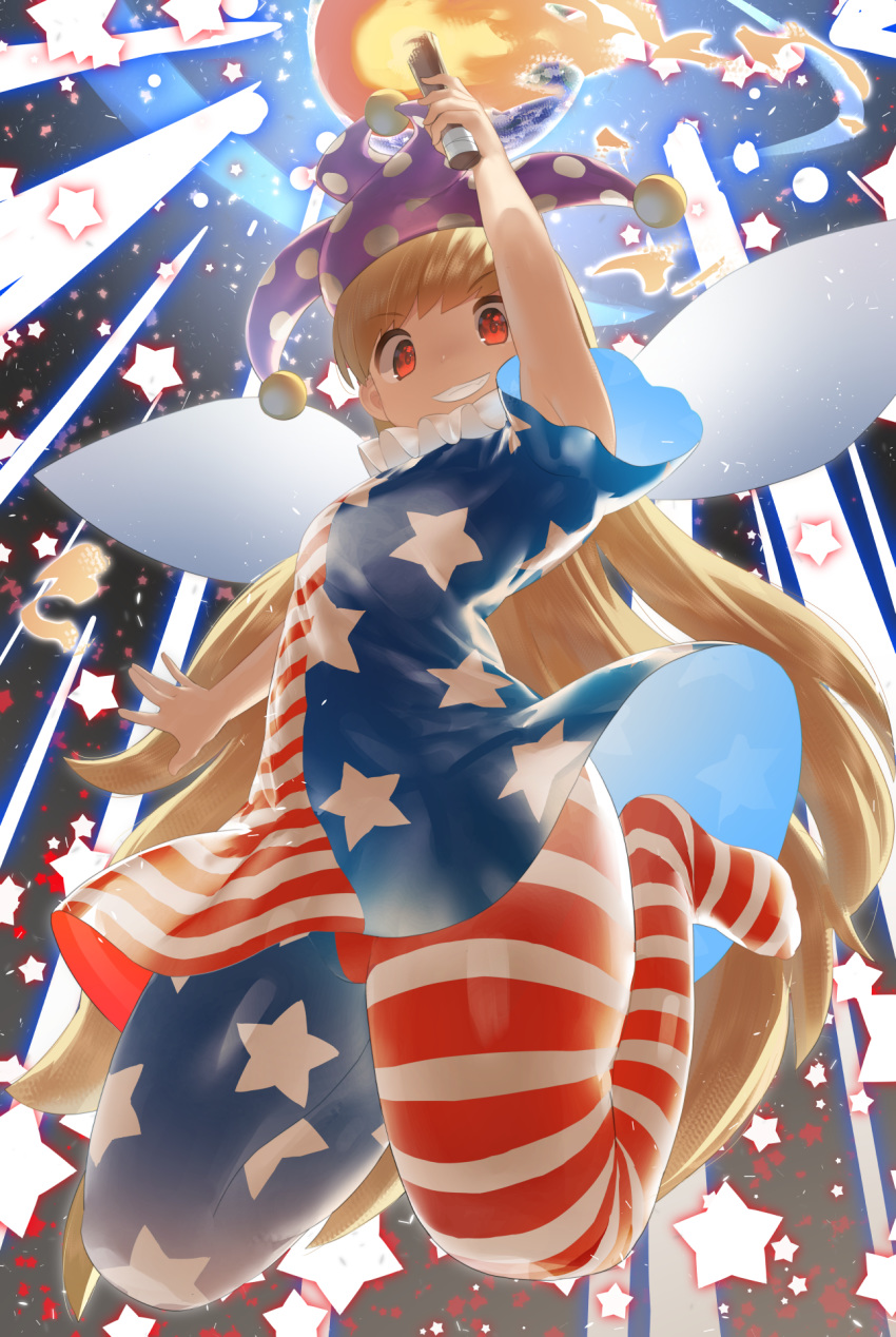 1girl american_flag_dress american_flag_legwear arm_up blonde_hair clownpiece danmaku dress fairy_wings fire full_body grin hat highres holding jester_cap long_hair looking_at_viewer monosenbei neck_ruff pantyhose polka_dot purple_headwear red_eyes short_dress short_sleeves smile solo star star_print striped torch touhou very_long_hair wings