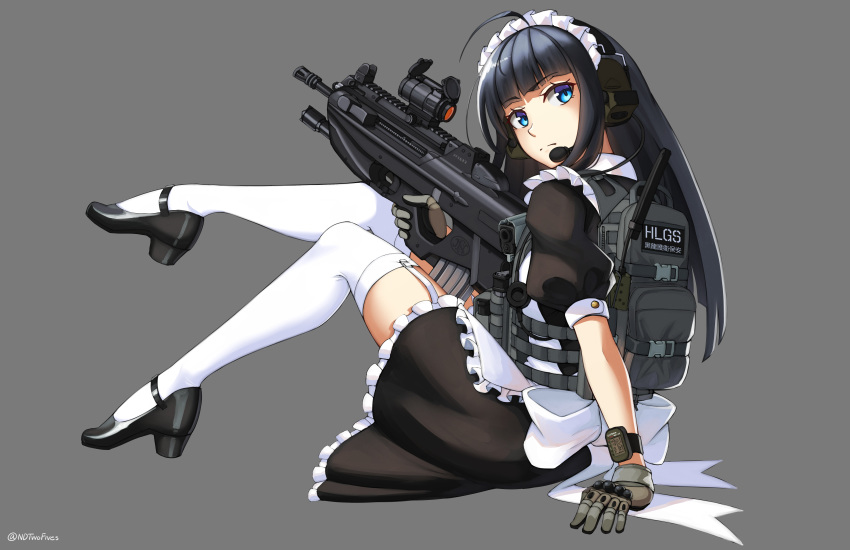 1girl ahoge apron arm_support assault_rifle backpack bag bangs black_dress black_footwear black_hair blue_eyes bullpup commentary dress ear_protection eyebrows_visible_through_hair fn_f2000 frilled_apron frilled_dress frills full_body garter_straps gloves grey_background grey_gloves gun headset high_heels highres holding holding_gun holding_weapon long_hair looking_at_viewer looking_back maid maid_apron maid_headdress ndtwofives original puffy_short_sleeves puffy_sleeves rifle scope shoes short_sleeves simple_background solo thighhighs twitter_username very_long_hair weapon white_apron white_legwear