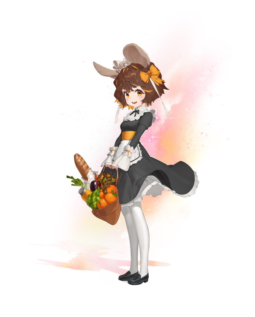 1girl absurdres animal_ears apron bad_kim bag baguette black_dress blonde_hair blush bow bread broccoli brown_eyes brown_hair bunny_ears dress eggplant eyebrows food fruit full_body grocery_bag hair_bow highres loafers looking_at_viewer maid maid_headdress multicolored_hair open_mouth orange original pantyhose shoes shopping_bag short_hair smile solo sparkle spring_onion streaked_hair two-tone_hair vegetable waist_apron wavy_hair white_legwear
