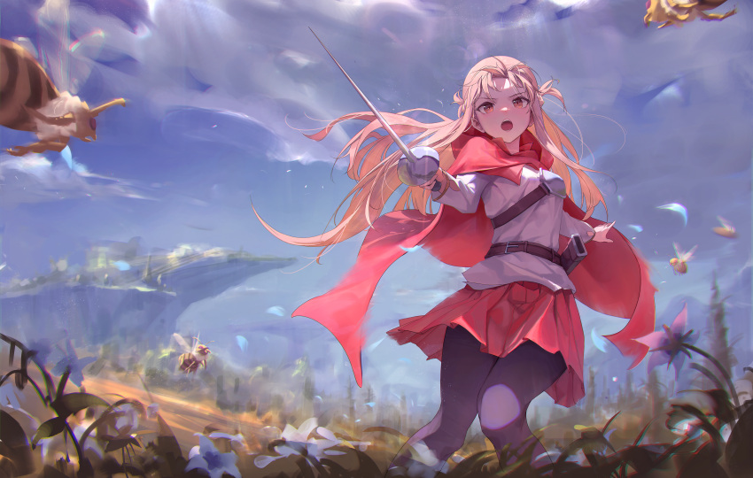 1girl absurdres asuna_(sao) bangs bee belt bingwei_huang black_belt blue_sky blurry blurry_background brown_eyes brown_hair bug cape cloud commentary_request feet_out_of_frame flower grass hair_flower hair_ornament highres holding holding_sword holding_weapon long_hair long_sleeves looking_at_viewer outdoors pantyhose rapier red_cape red_skirt scenery sheath shirt skirt sky solo standing sword sword_art_online teeth unsheathed upper_teeth weapon white_flower