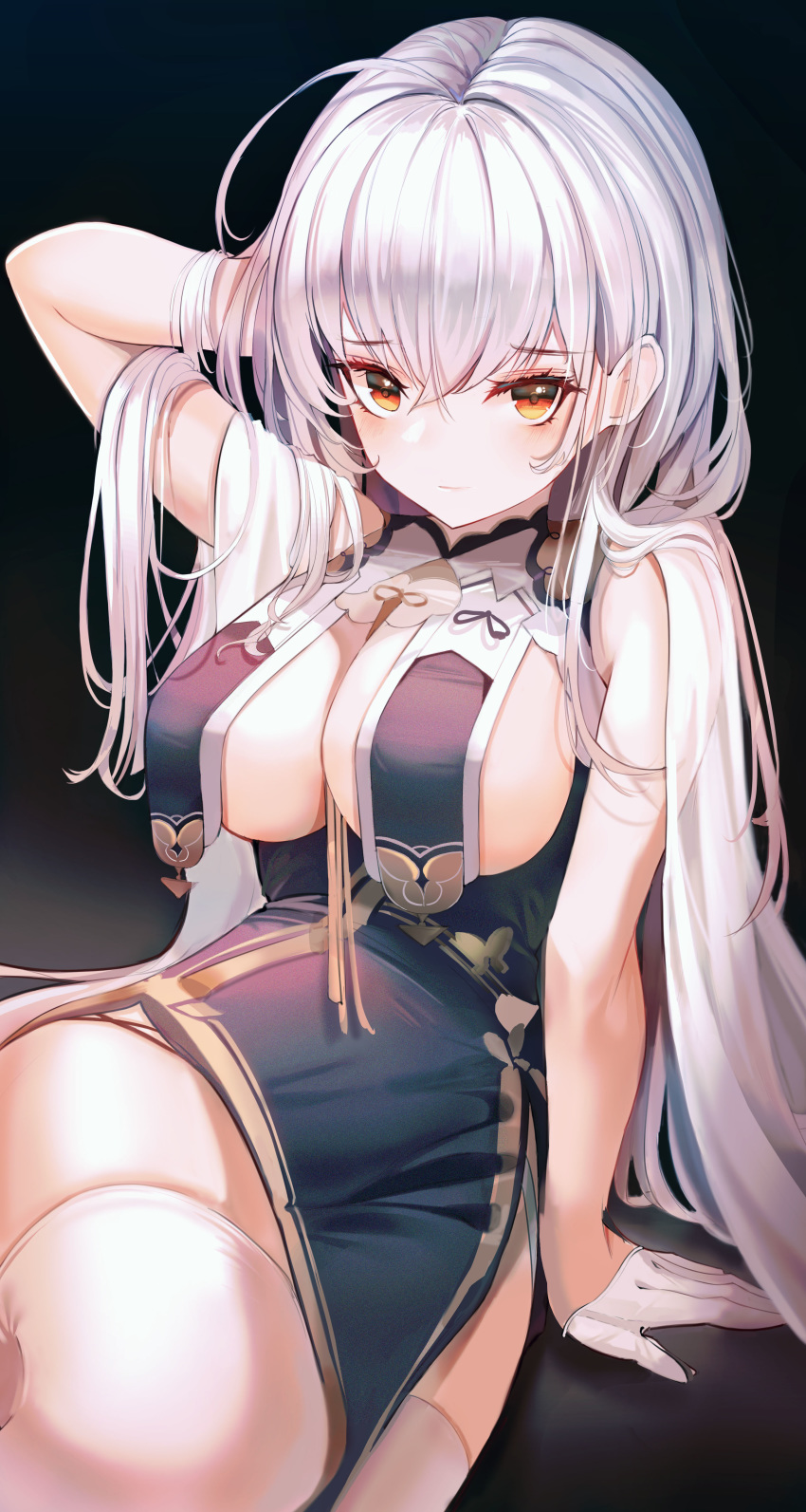 1girl absurdres ahoge ahr_tato azur_lane bangs between_breasts black_background blush breast_curtains breasts closed_mouth eyebrows_visible_through_hair gloves highres large_breasts long_hair looking_at_viewer neckwear_between_breasts orange_eyes sirius_(azur_lane) sirius_(azure_horizons)_(azur_lane) sitting solo thighhighs thighs white_gloves white_hair white_legwear